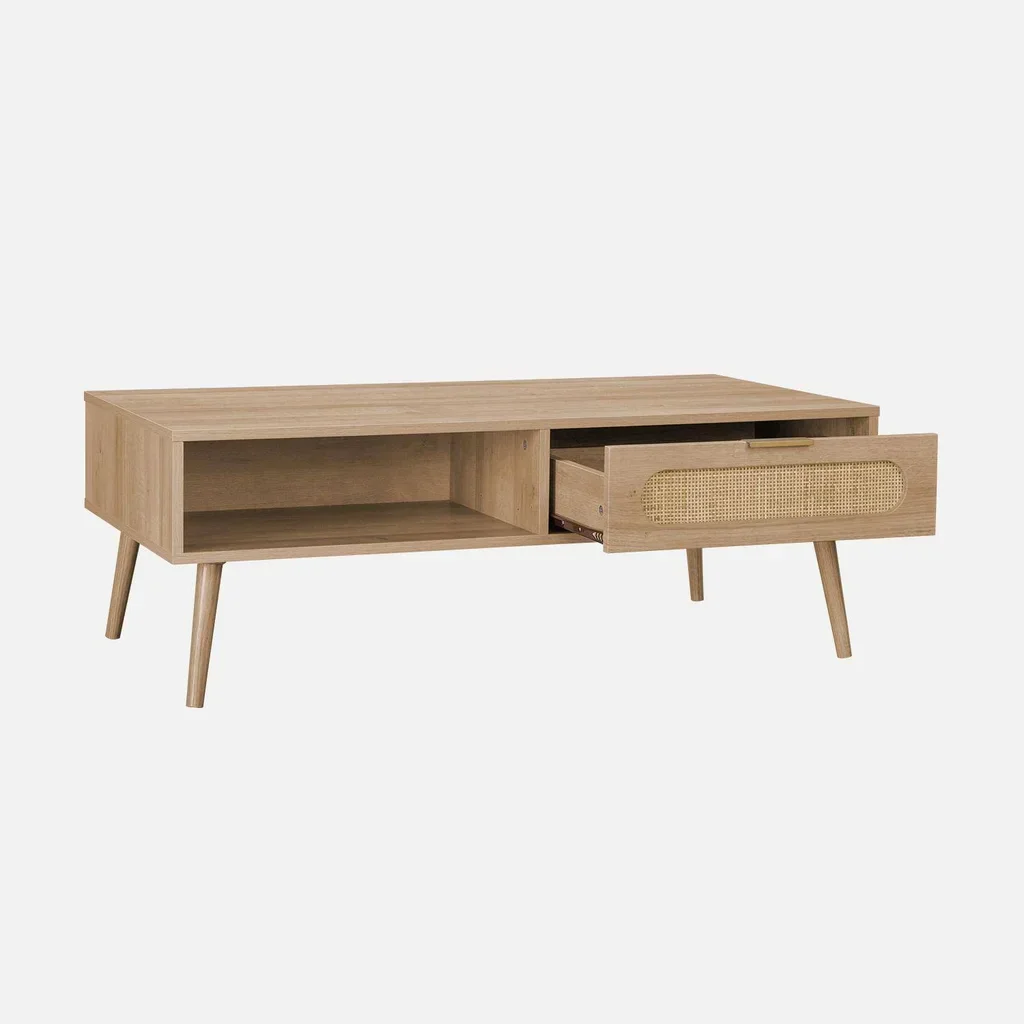 Table basse Eva bois cannage arrondi tiroir rangement scandinave