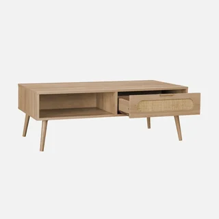 Table basse Eva bois cannage arrondi tiroir rangement scandinave