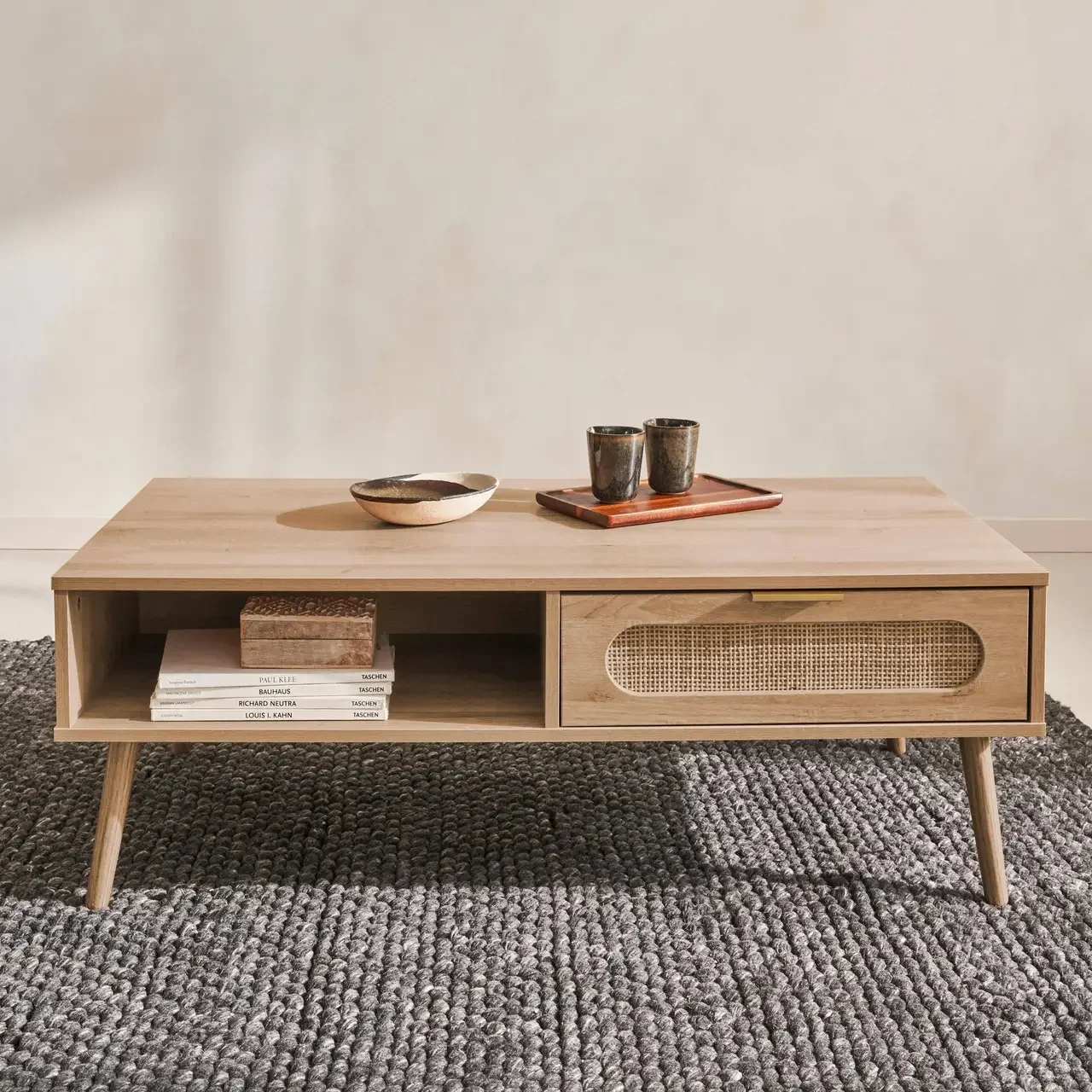Table basse Eva bois cannage arrondi tiroir rangement scandinave