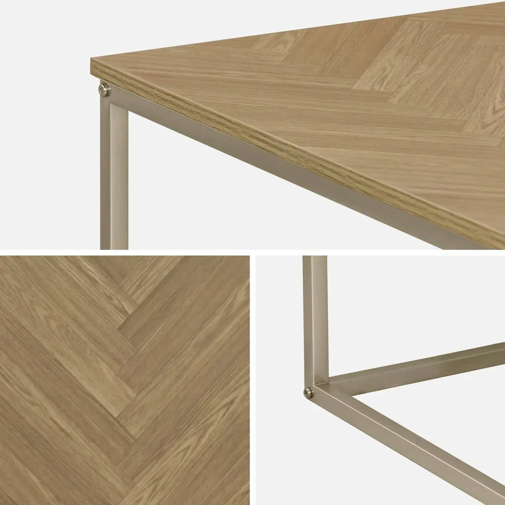 Mesa de centro cuadrada madera patrón chevron patas metal champán