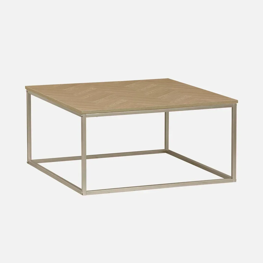 Mesa de centro cuadrada madera patrón chevron patas metal champán