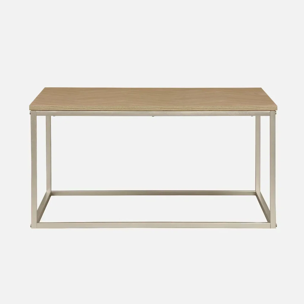 Mesa de centro cuadrada madera patrón chevron patas metal champán