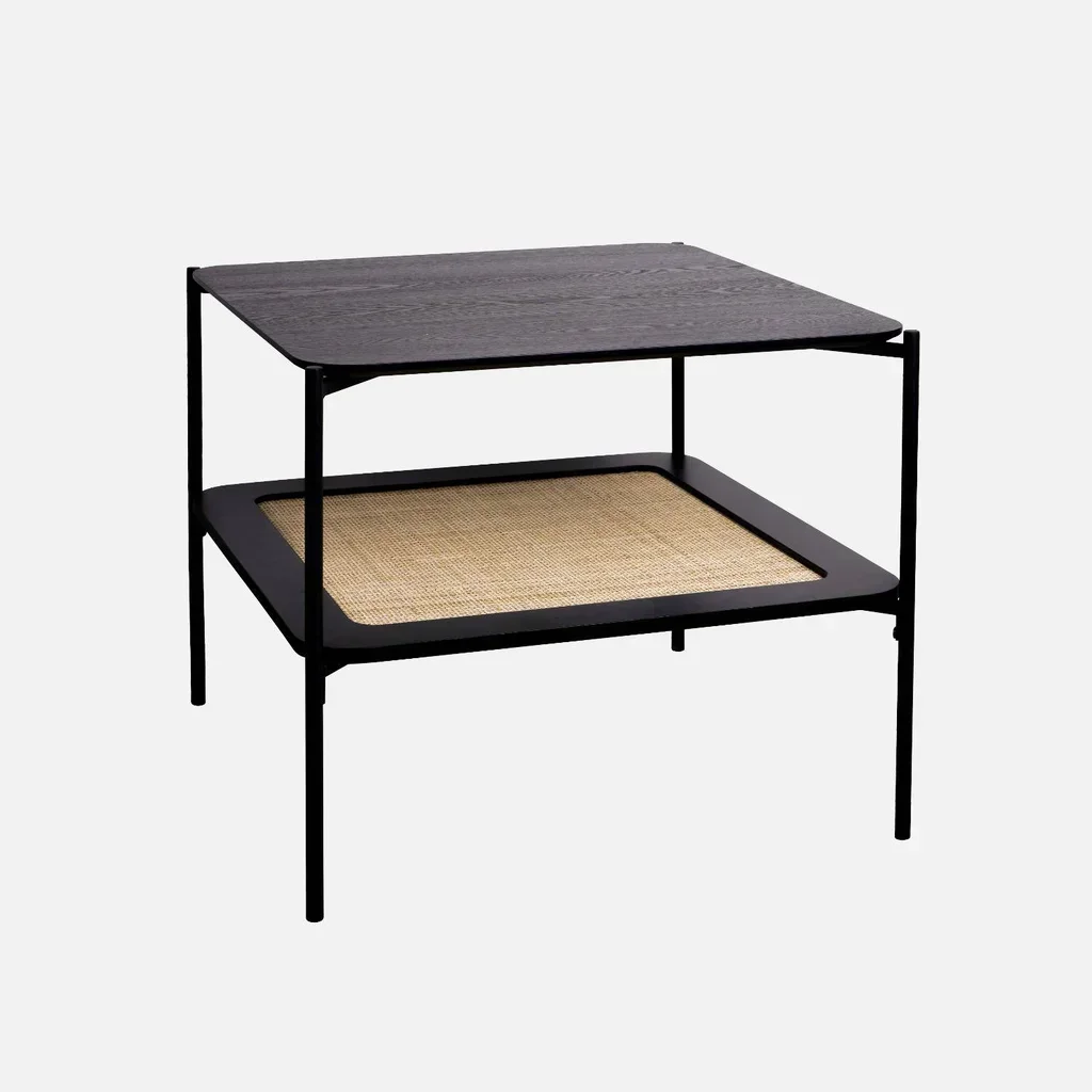 Table basse carrée double plateau bois cannage Manado 60 cm