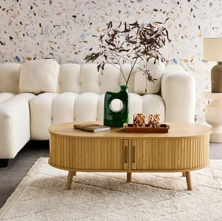 Table basse scandinave bois strié double porte coulissante Legacy