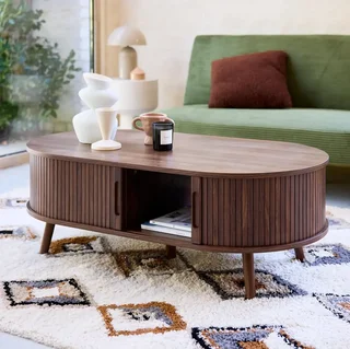 Table basse scandinave bois strié portes coulissantes Legacy