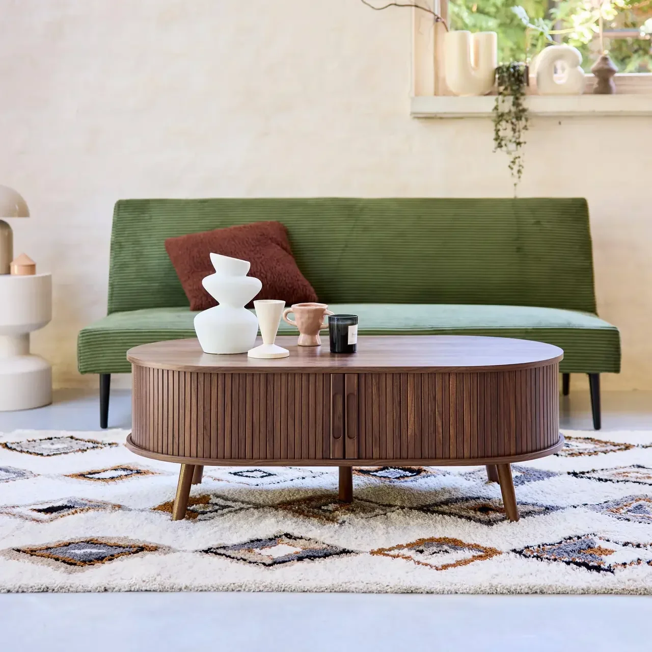 Table basse scandinave bois strié portes coulissantes Legacy