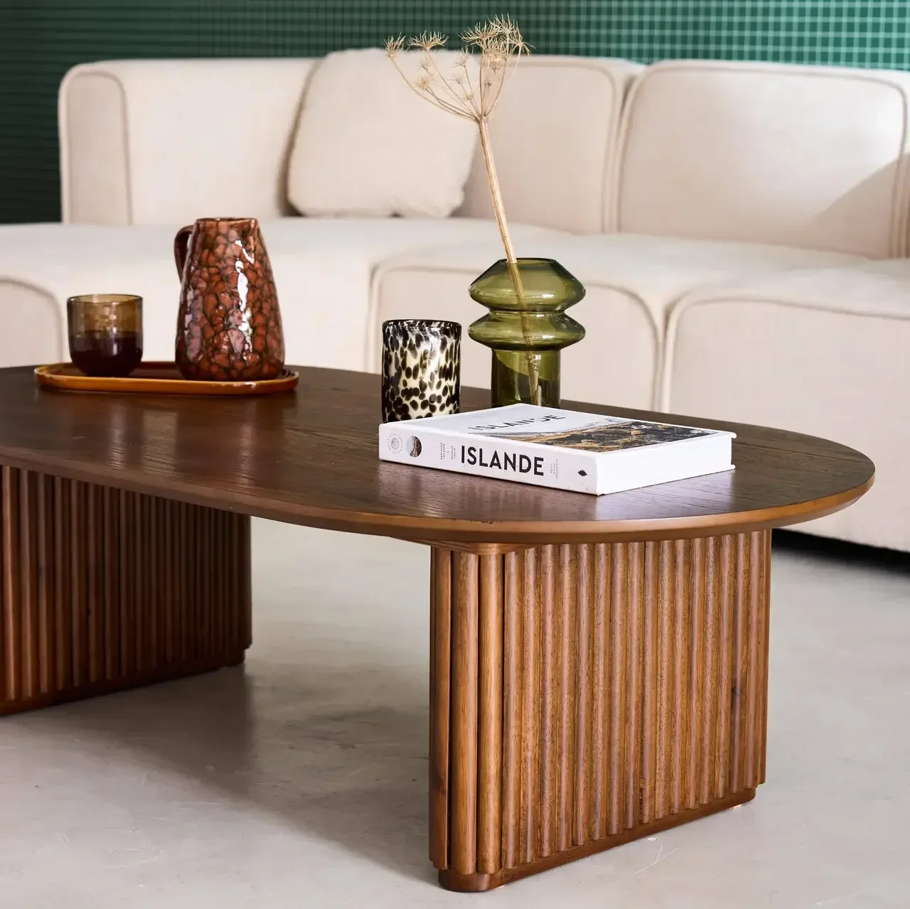 Table basse ovale bois hévéa chêne design moderne salon Gabrielle