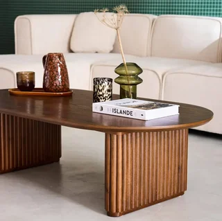 Table basse ovale bois hévéa chêne design moderne salon Gabrielle