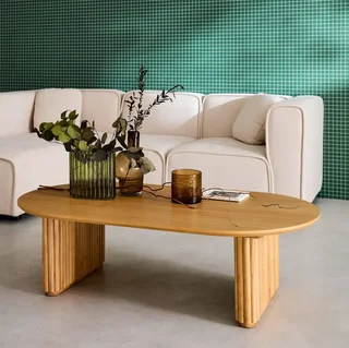 Table basse ovale bois hévéa finition chêne design contemporain Gabrielle