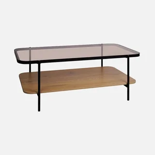 Table basse Smooky verre trempé bois métal noir 2 plateaux