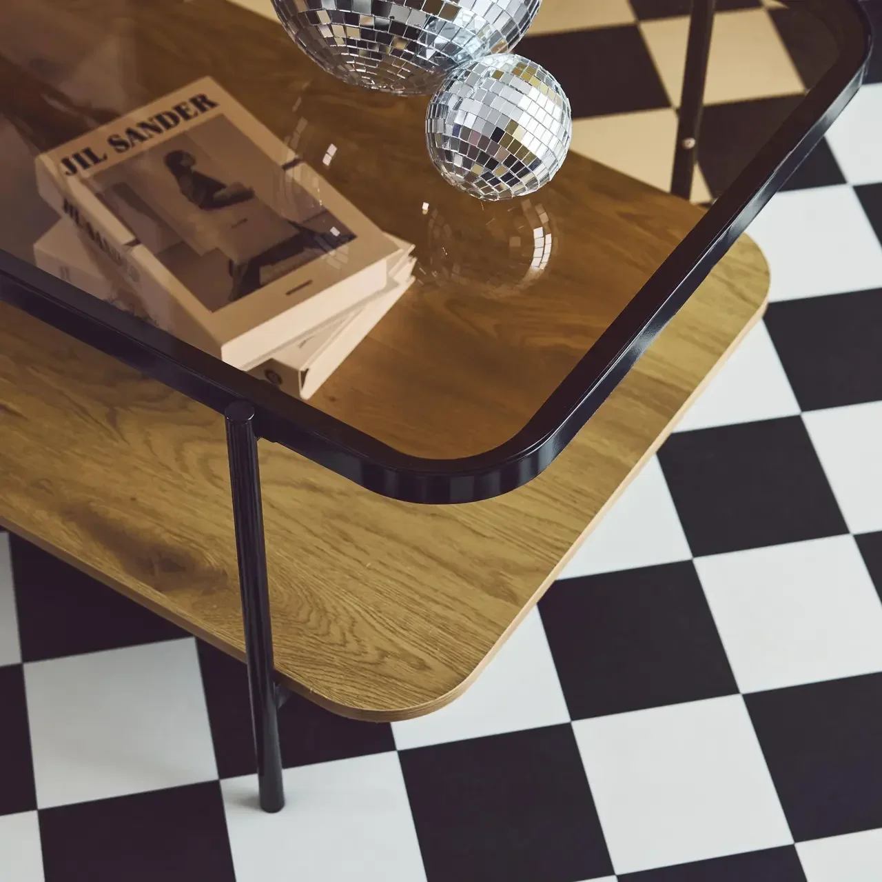 Table basse Smooky verre trempé bois métal noir 2 plateaux