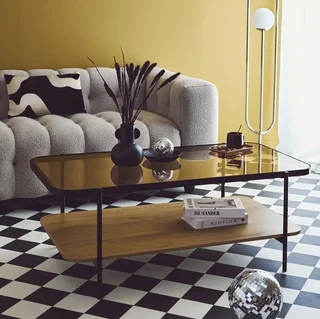 Table basse Smooky verre trempé bois métal noir 2 plateaux