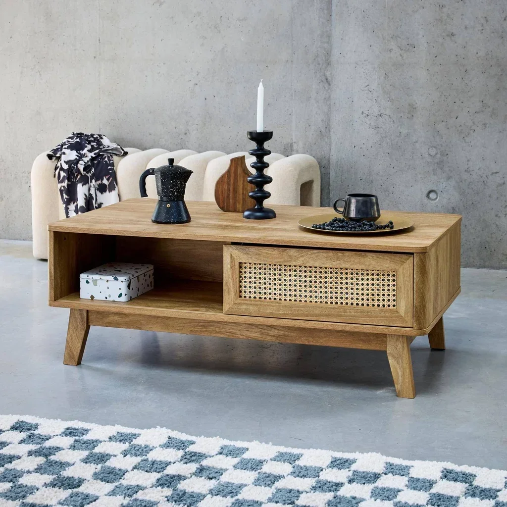 Table basse cannage 1 porte coulissante bois Mani