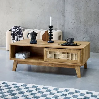 Table basse cannage 1 porte coulissante bois Mani