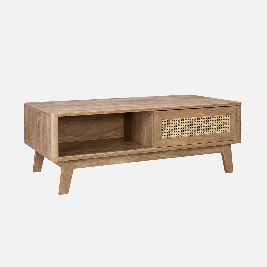 Table basse cannage 1 porte coulissante bois Mani