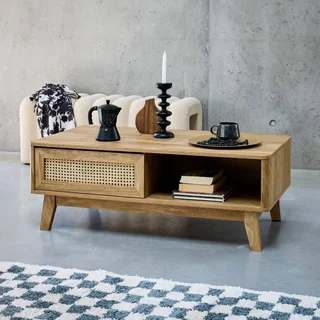 Table basse cannage 1 porte coulissante bois Mani