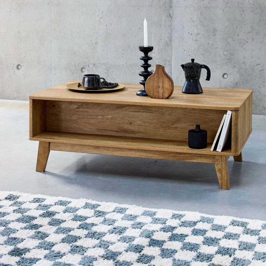 Table basse cannage 1 porte coulissante bois Mani