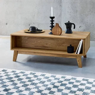 Table basse cannage 1 porte coulissante bois Mani