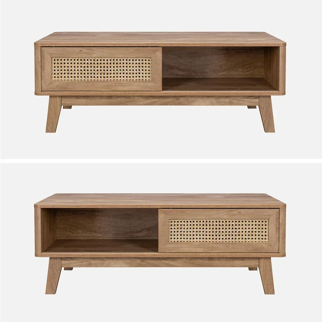 Table basse cannage 1 porte coulissante bois Mani