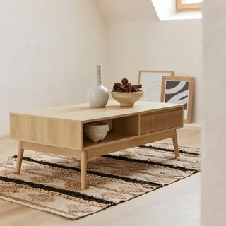 Table basse scandinave bois strié 1 tiroir rangement salon