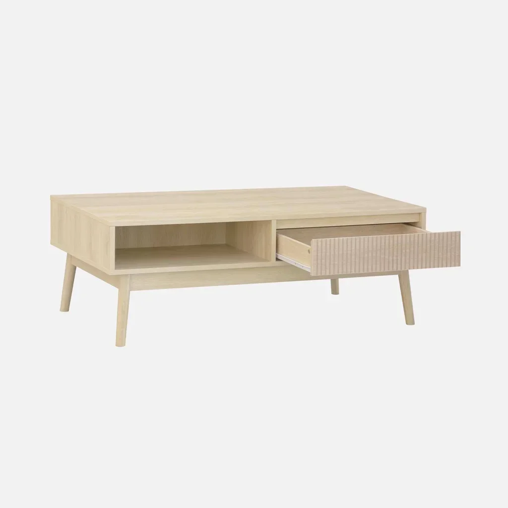 Table basse scandinave bois strié 1 tiroir rangement salon