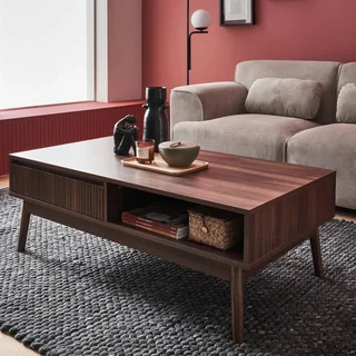 Table basse scandinave rectangulaire bois strié avec tiroir rangement