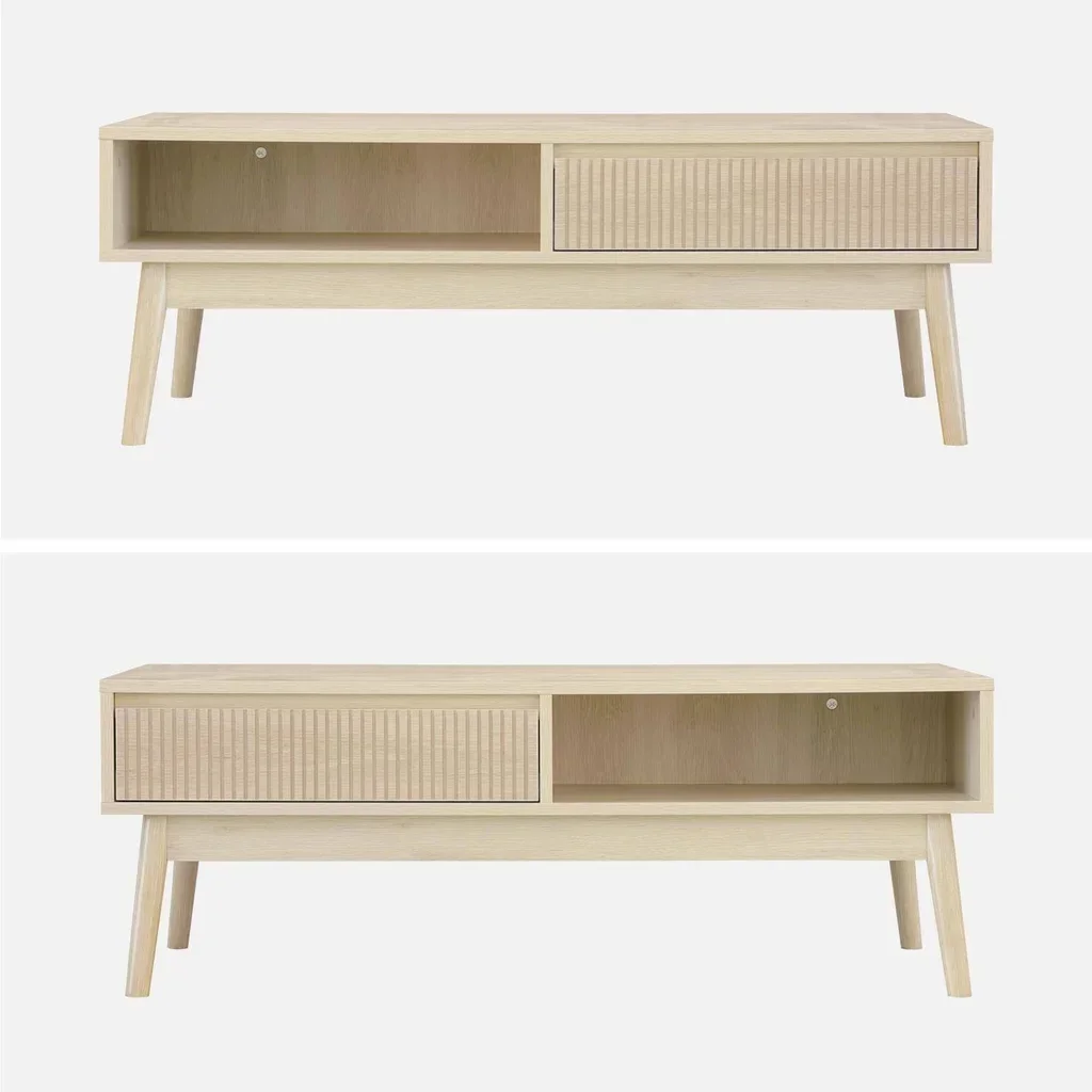 Table basse scandinave bois strié 1 tiroir rangement salon