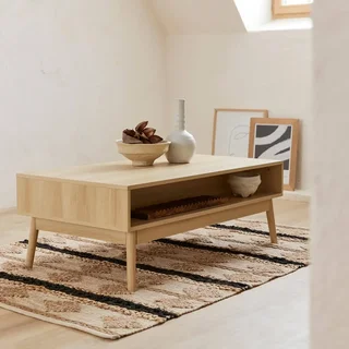 Table basse scandinave bois strié 1 tiroir rangement salon