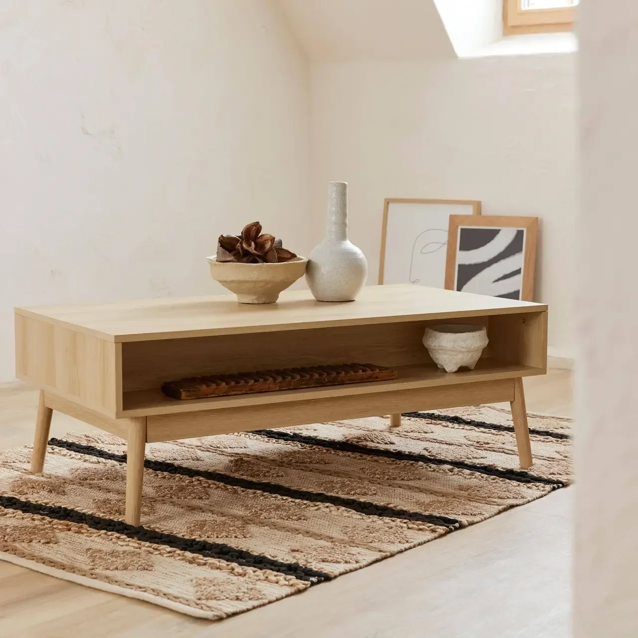 Table basse scandinave bois strié 1 tiroir rangement salon