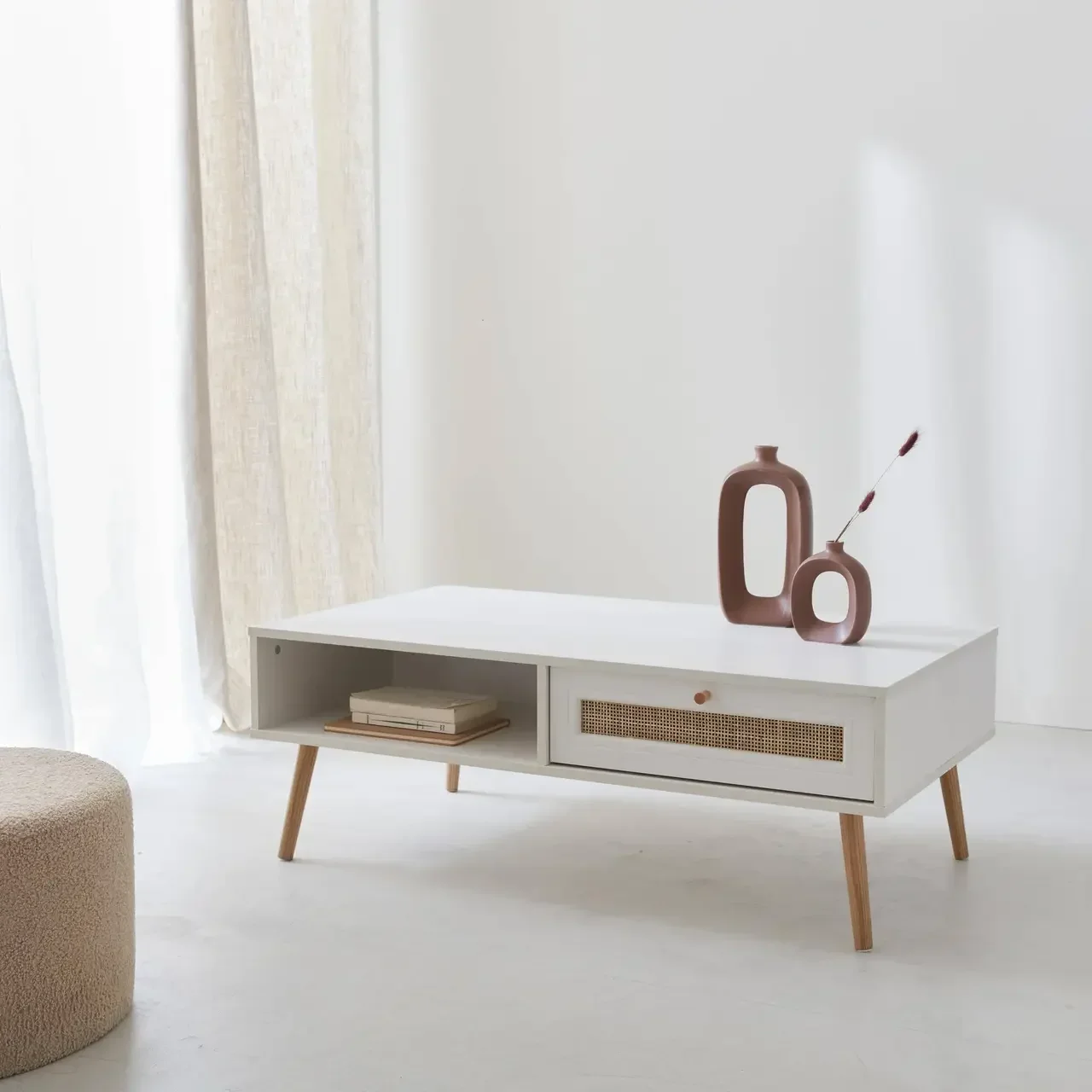 Table basse scandinave cannage tiroir rangement bois Bohème 110cm