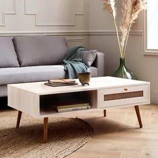 Table basse scandinave cannage tiroir rangement bois Bohème 110cm