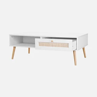 Table basse scandinave cannage tiroir rangement bois Bohème 110cm