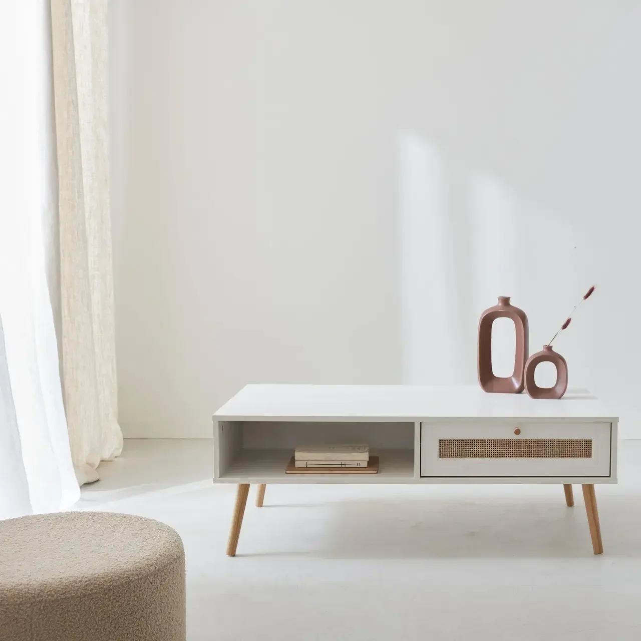 Table basse scandinave cannage tiroir rangement bois Bohème 110cm
