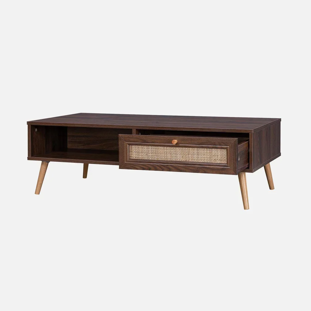 Table basse scandinave cannage tiroir bois Bohème 110 cm salon