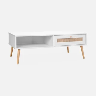Table basse scandinave cannage tiroir rangement bois Bohème 110cm