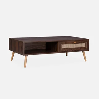 Table basse scandinave cannage tiroir bois Bohème 110 cm salon