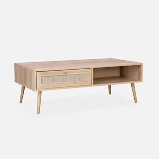 Table basse scandinave L110 cm cannage bois tiroir rangement Bohème