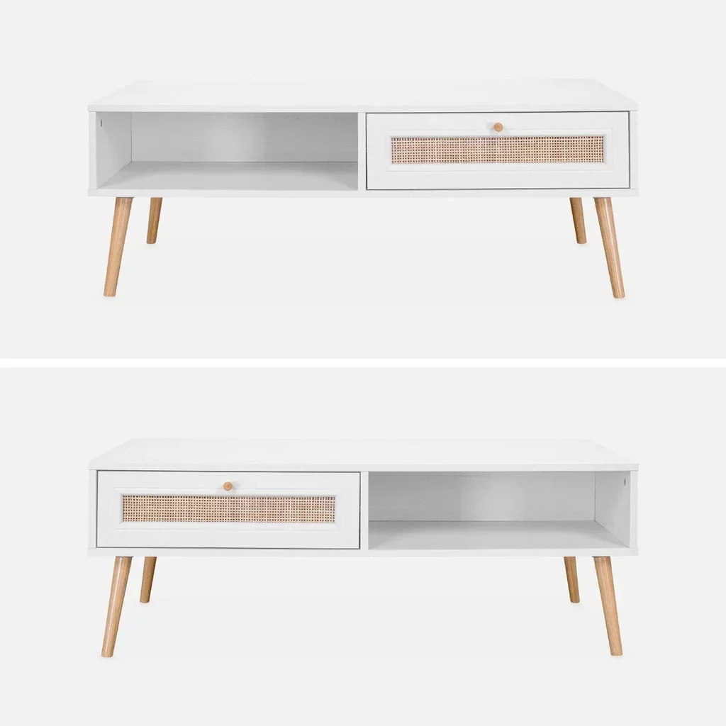 Table basse scandinave cannage tiroir rangement bois Bohème 110cm
