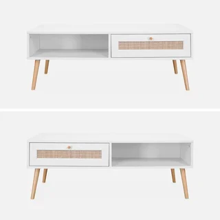 Table basse scandinave cannage tiroir rangement bois Bohème 110cm