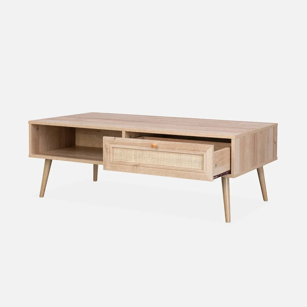 Table basse scandinave L110 cm cannage bois tiroir rangement Bohème