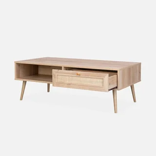 Table basse scandinave L110 cm cannage bois tiroir rangement Bohème