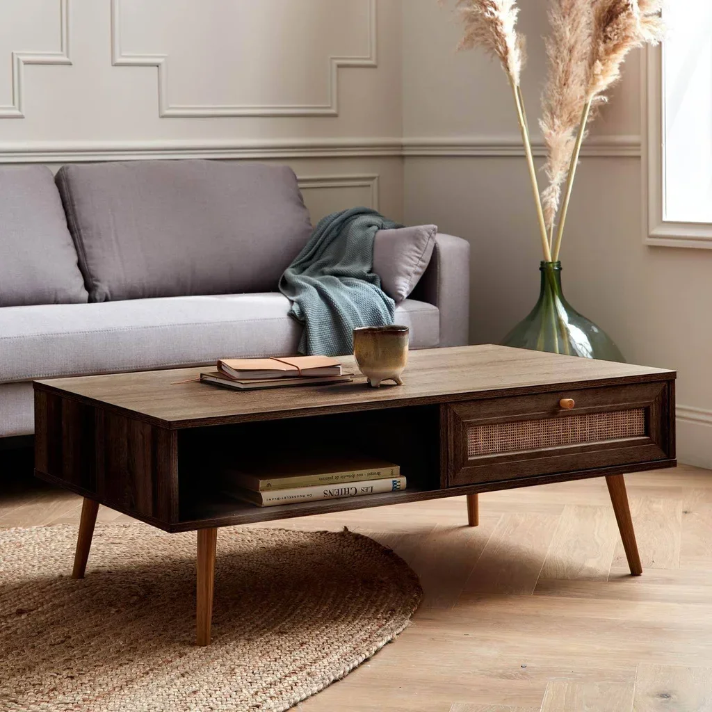 Table basse scandinave cannage tiroir bois Bohème 110 cm salon
