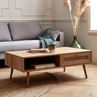 Table basse scandinave L110 cm cannage bois tiroir rangement Bohème
