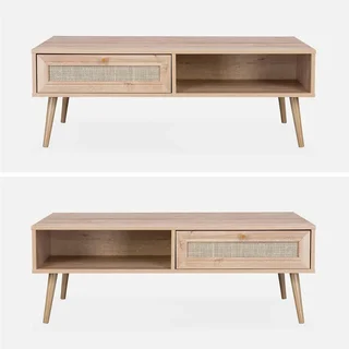 Table basse scandinave L110 cm cannage bois tiroir rangement Bohème