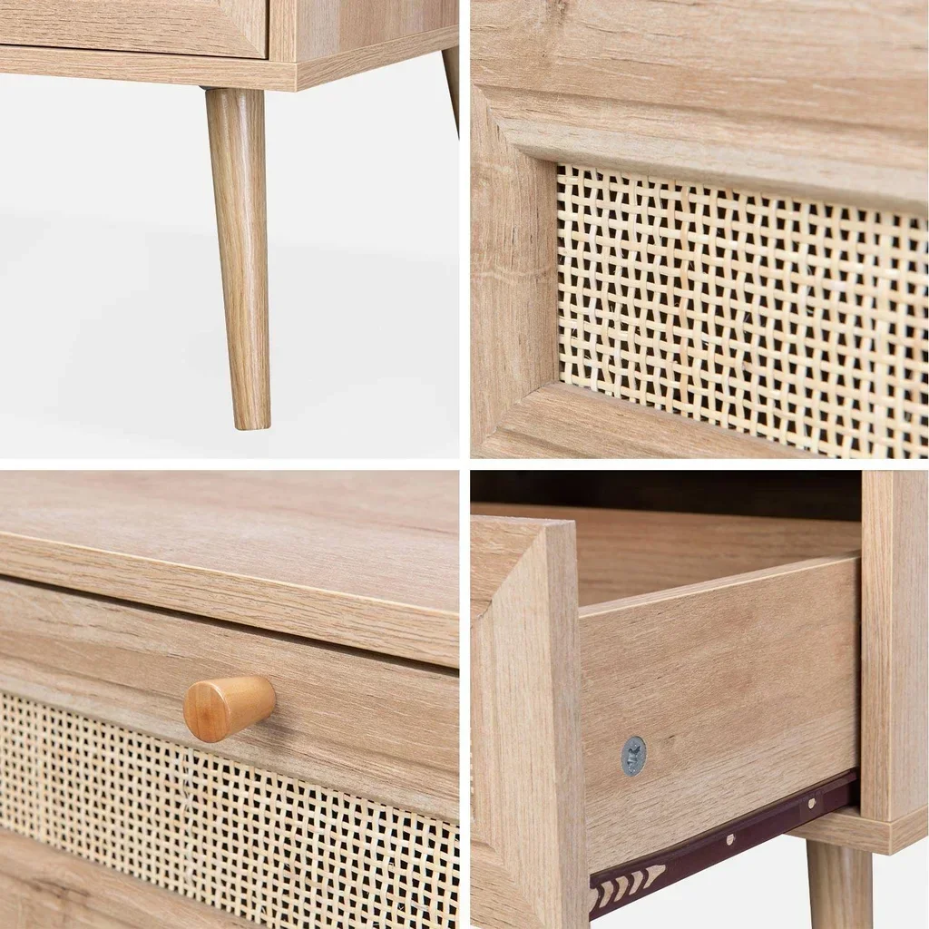 Table basse scandinave L110 cm cannage bois tiroir rangement Bohème