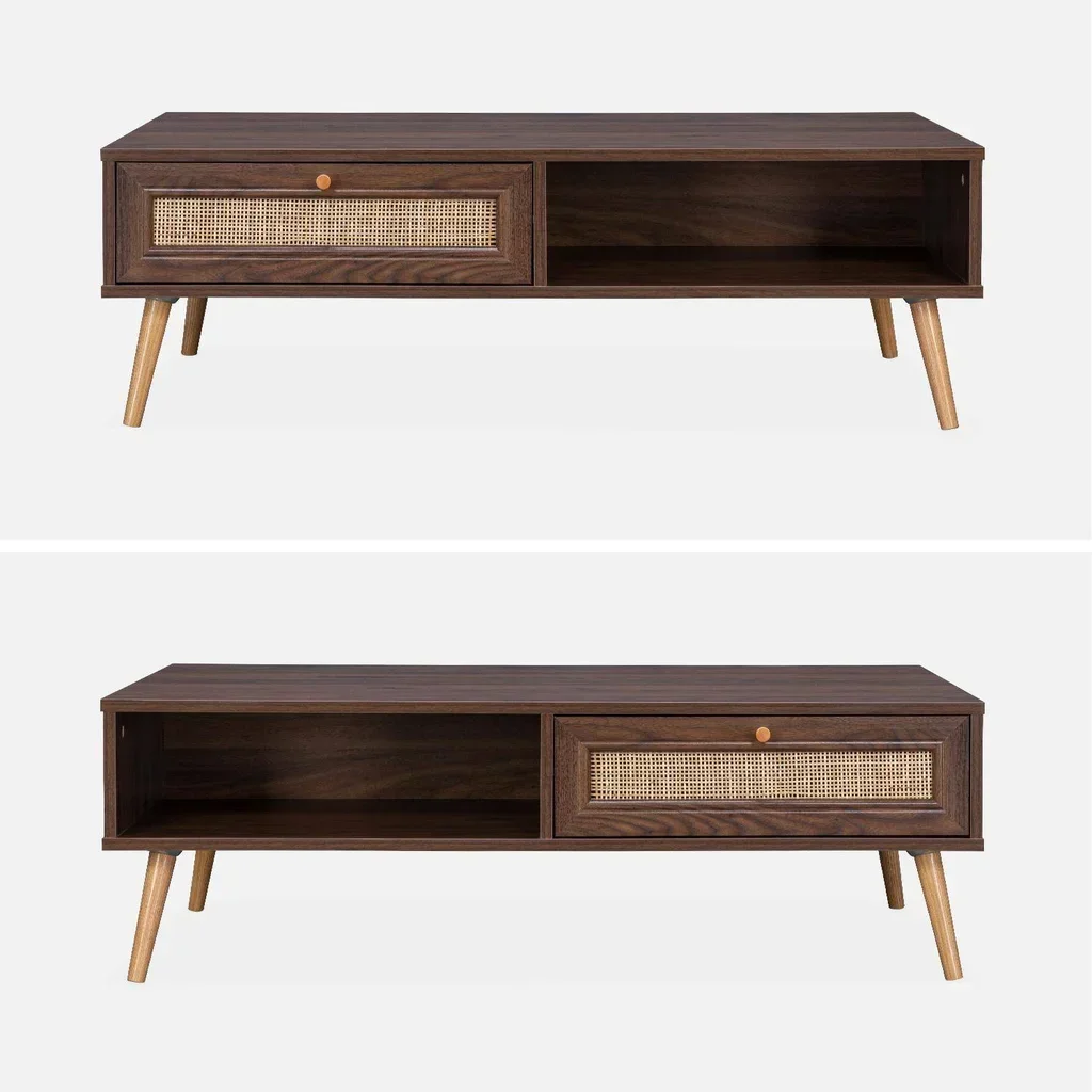 Table basse scandinave cannage tiroir bois Bohème 110 cm salon