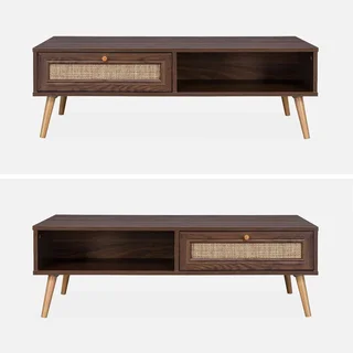 Table basse scandinave cannage tiroir bois Bohème 110 cm salon