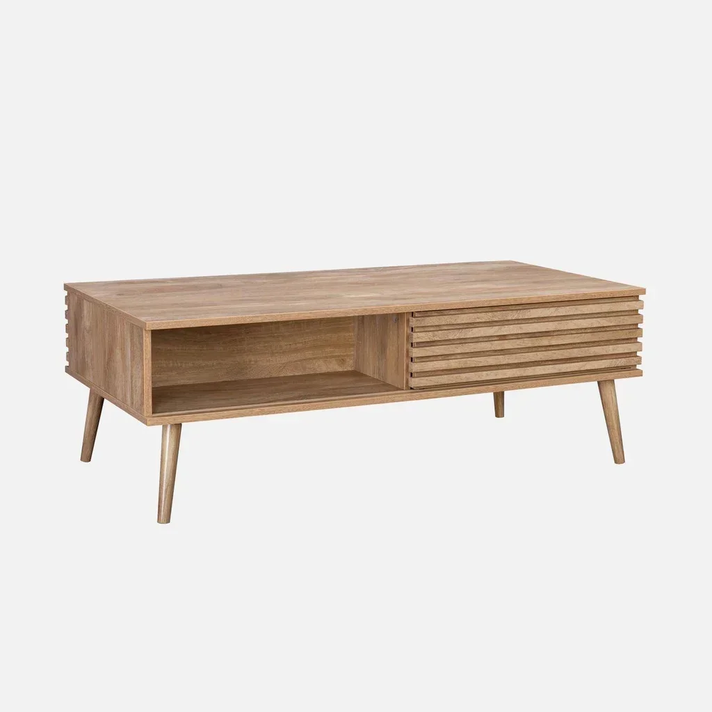 Table basse scandinave bois strié porte coulissante Madere