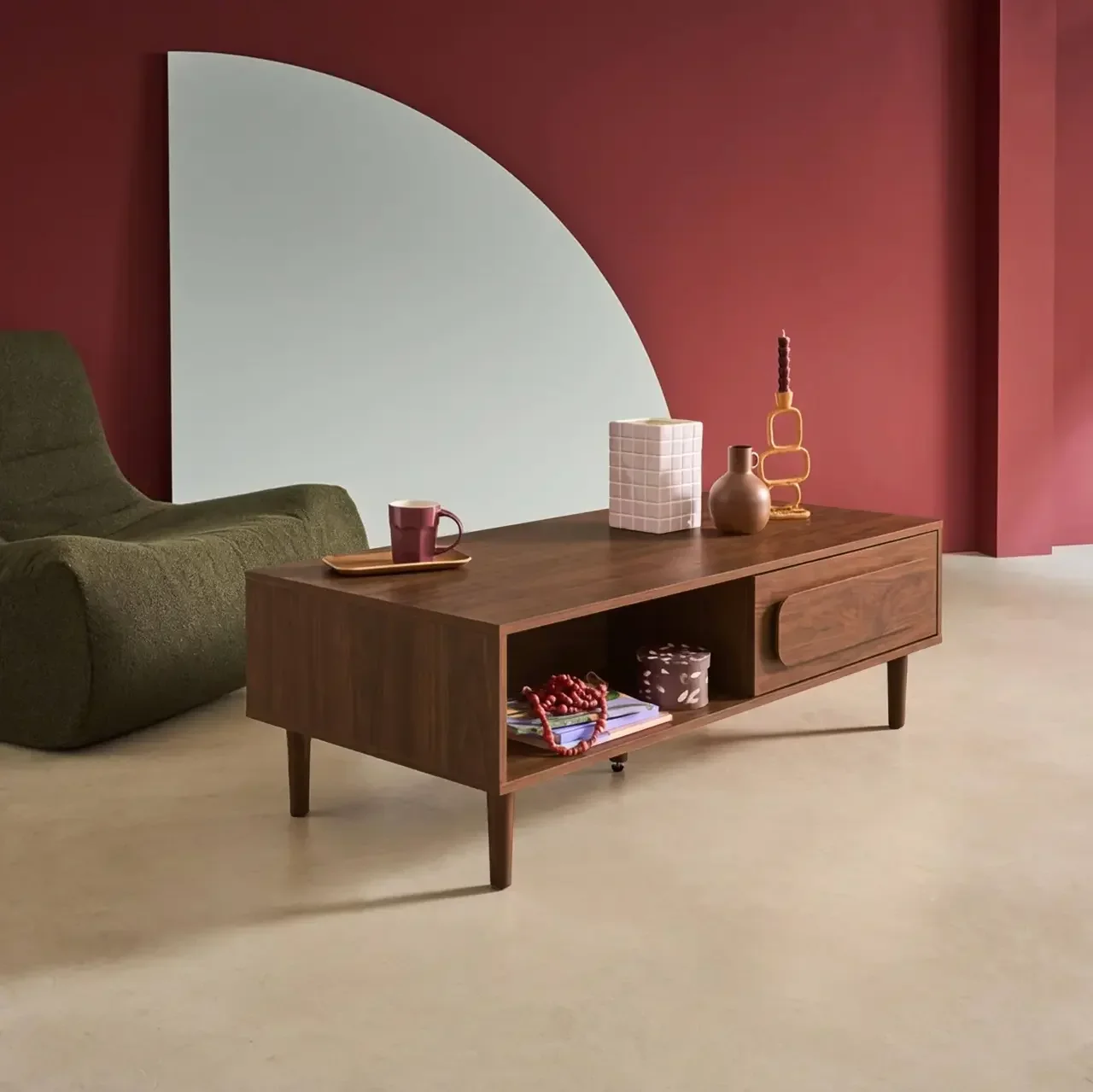 Table basse rétro bois noyer avec tiroir de rangement Juliana 120cm