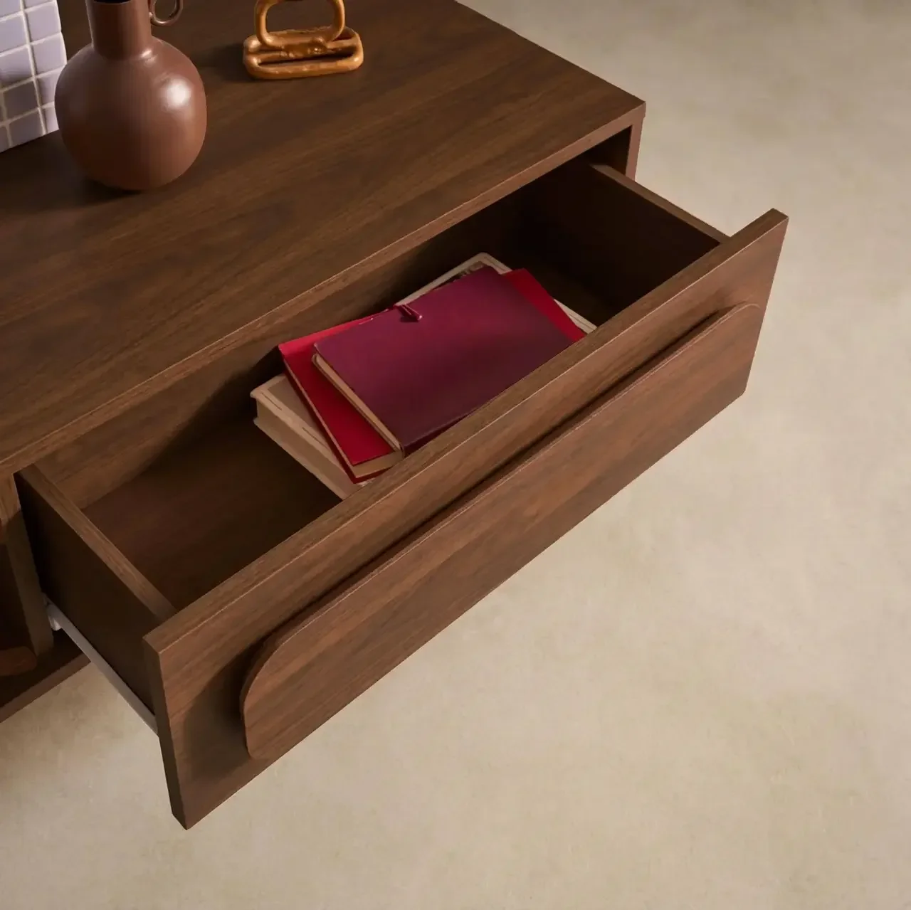 Table basse rétro bois noyer avec tiroir de rangement Juliana 120cm